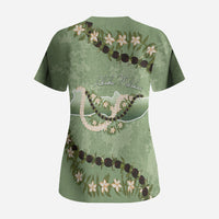 Hawaii Molokai Island Flowers Lei Scrub Top Kukui Nut Mossy Green