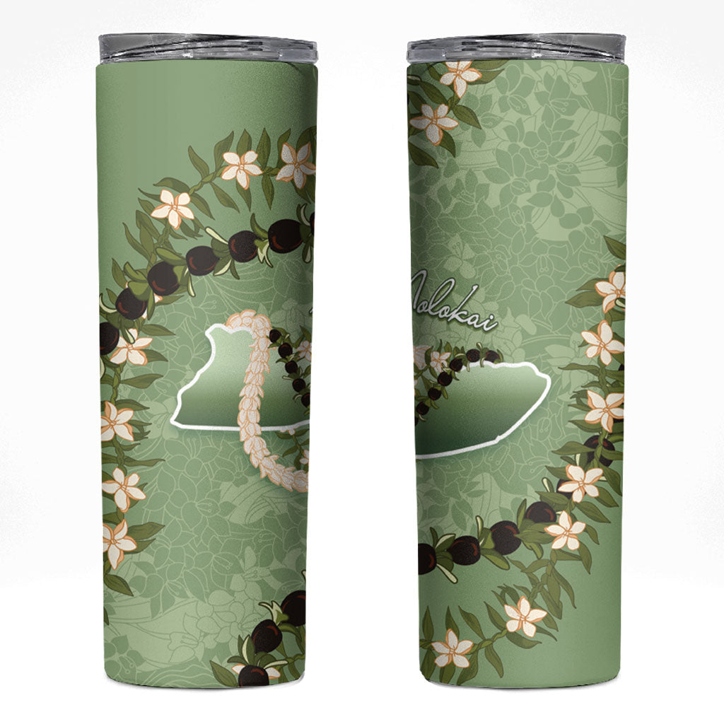 Hawaii Molokai Island Flowers Lei Skinny Tumbler Kukui Nut Mossy Green