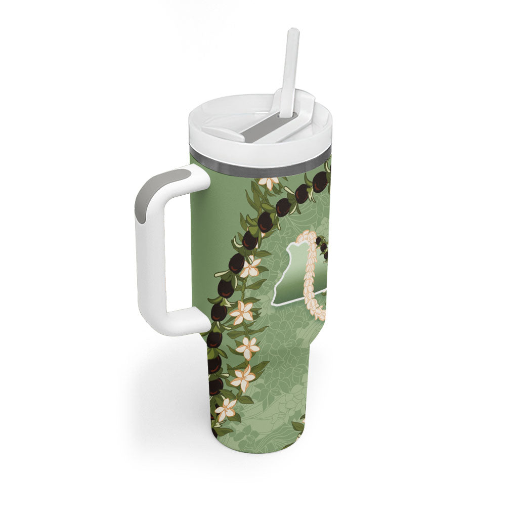 Hawaii Molokai Island Flowers Lei Tumbler With Handle Kukui Nut Mossy Green