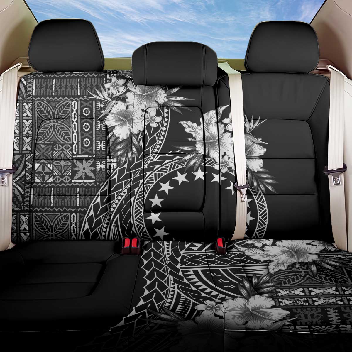 Kia Orana Cook Islands Back Car Seat Cover Tiare and Stars LT7 One Size Black - Polynesian Pride