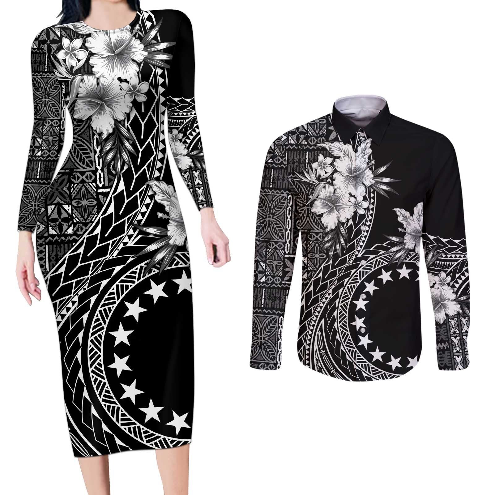 Kia Orana Cook Islands Couples Matching Long Sleeve Bodycon Dress and Long Sleeve Button Shirt Tiare and Stars