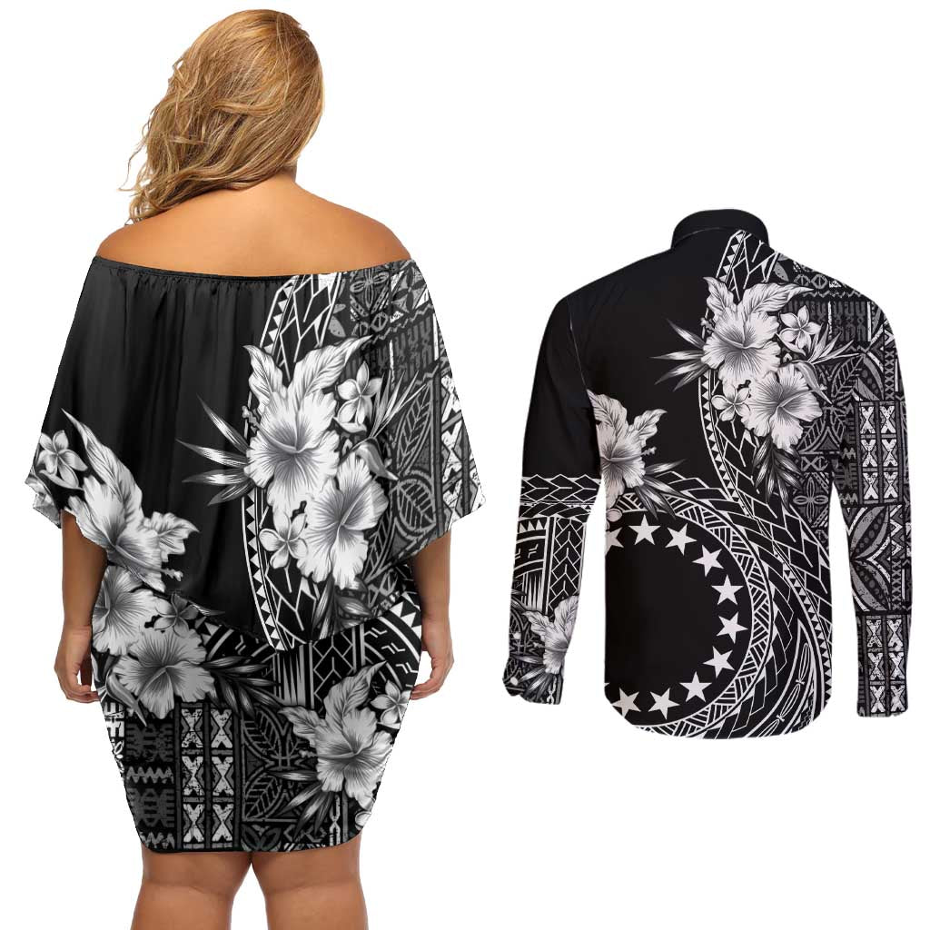 Kia Orana Cook Islands Couples Matching Off Shoulder Short Dress and Long Sleeve Button Shirt Tiare and Stars