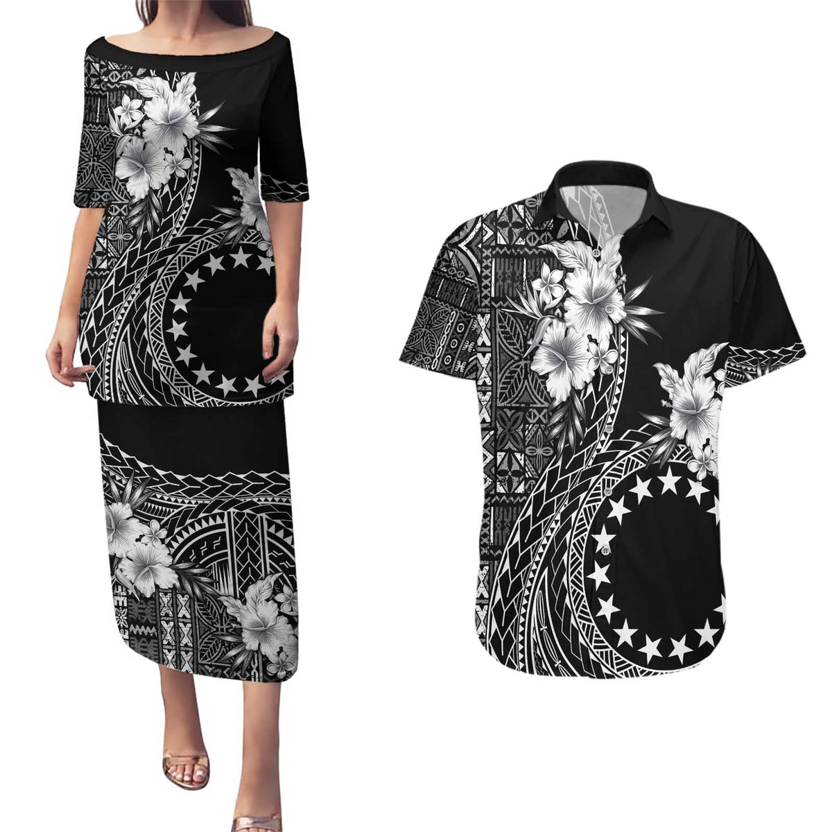 Kia Orana Cook Islands Couples Matching Puletasi and Hawaiian Shirt Tiare and Stars