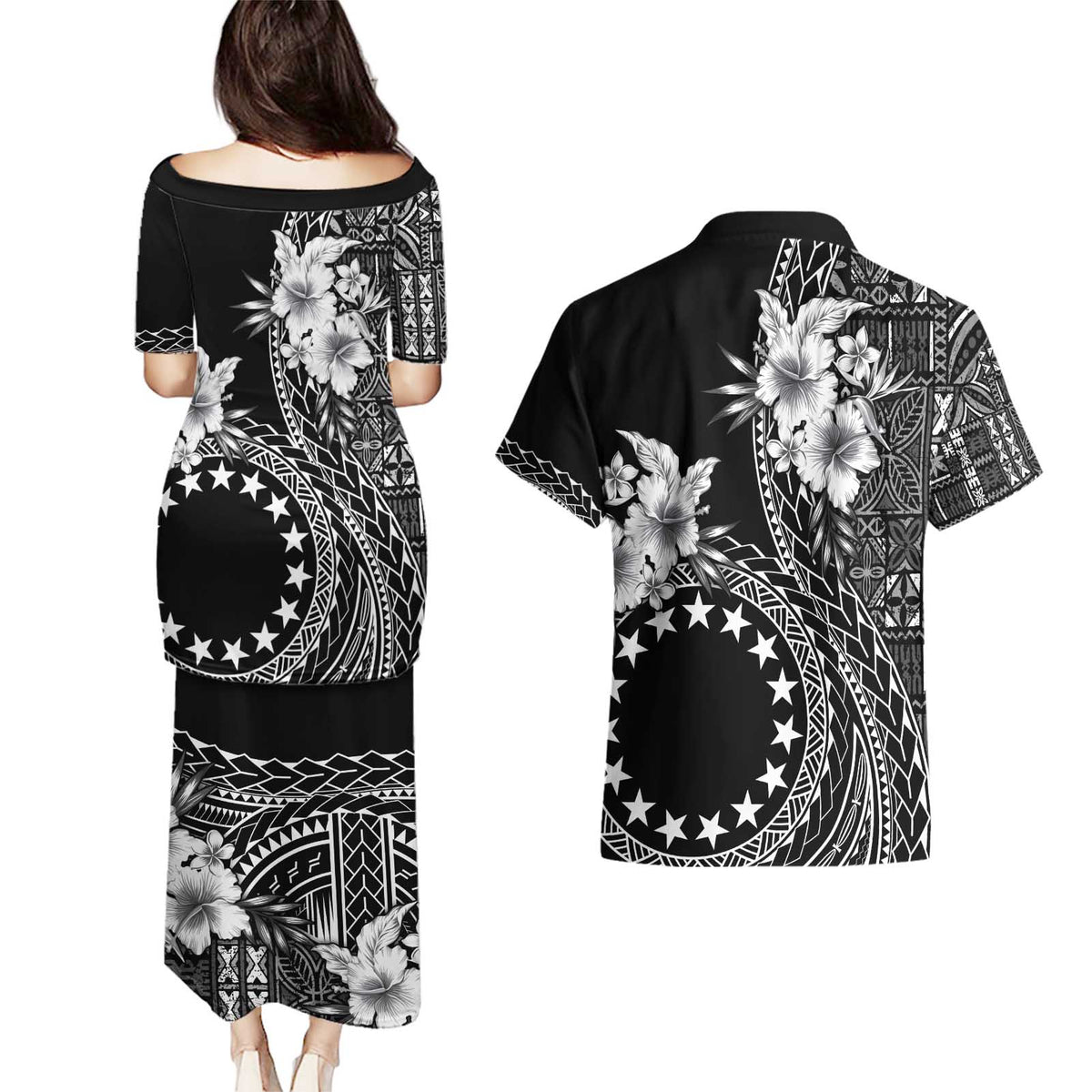 Kia Orana Cook Islands Couples Matching Puletasi and Hawaiian Shirt Tiare and Stars