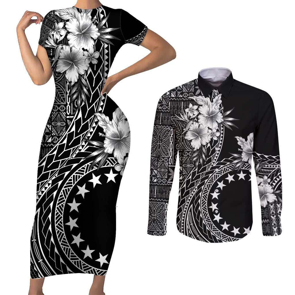 Kia Orana Cook Islands Couples Matching Short Sleeve Bodycon Dress and Long Sleeve Button Shirt Tiare and Stars