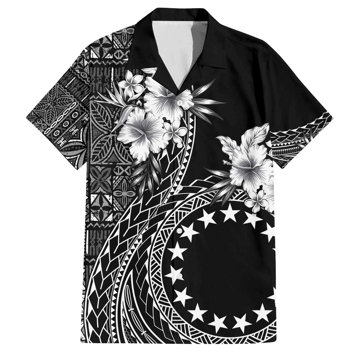 Kia Orana Cook Islands Family Matching Puletasi and Hawaiian Shirt Tiare and Stars LT7 Dad's Shirt - Short Sleeve Black - Polynesian Pride