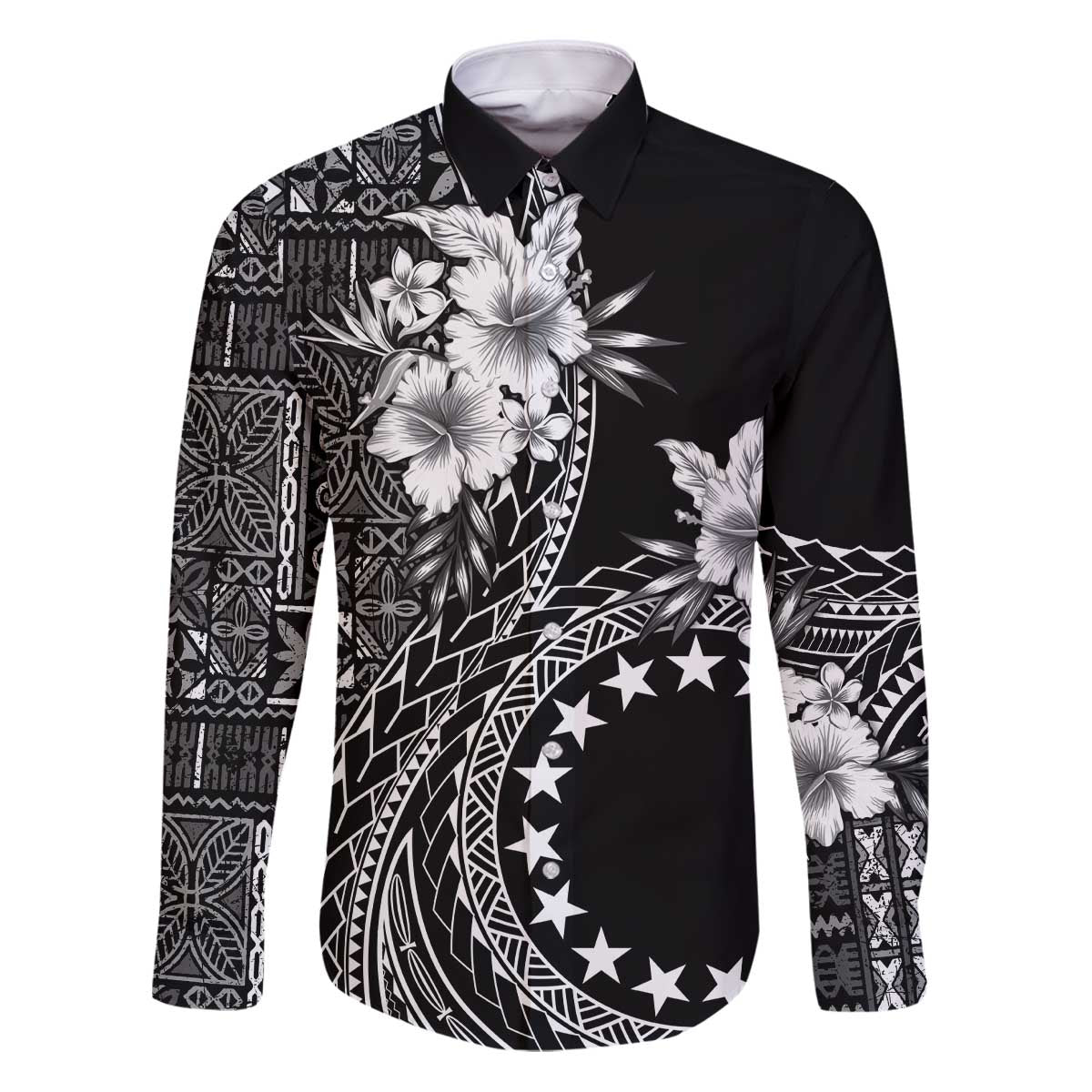 Kia Orana Cook Islands Family Matching Puletasi and Hawaiian Shirt Tiare and Stars LT7 Dad's Shirt - Long Sleeve Black - Polynesian Pride
