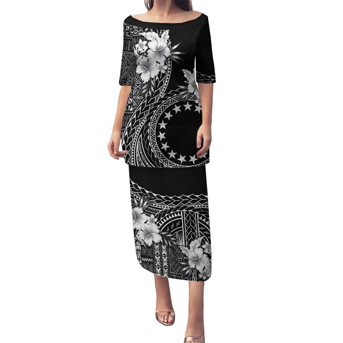 Kia Orana Cook Islands Family Matching Puletasi and Hawaiian Shirt Tiare and Stars LT7 Mom's Dress Black - Polynesian Pride