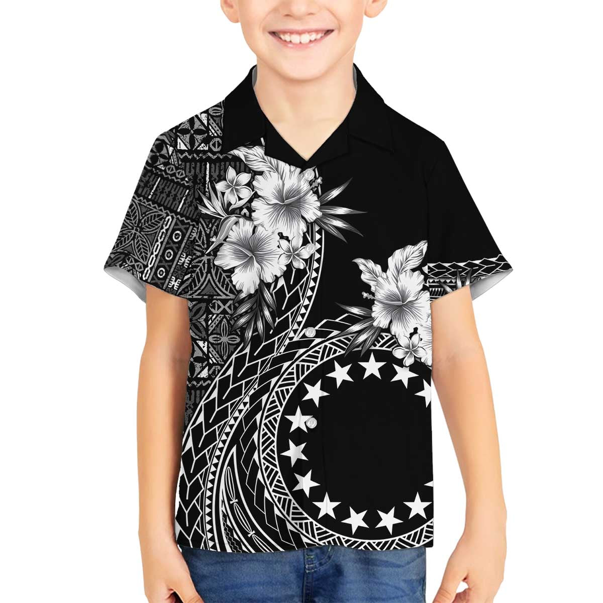 Kia Orana Cook Islands Family Matching Puletasi and Hawaiian Shirt Tiare and Stars LT7 Son's Shirt Black - Polynesian Pride