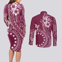 Kia Orana Cook Islands Couples Matching Long Sleeve Bodycon Dress and Long Sleeve Button Shirt Tiare and Stars - Maroon