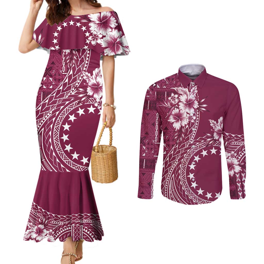 Kia Orana Cook Islands Couples Matching Mermaid Dress and Long Sleeve Button Shirt Tiare and Stars - Maroon