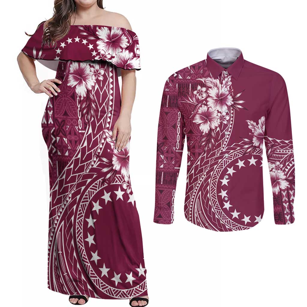 Kia Orana Cook Islands Couples Matching Off Shoulder Maxi Dress and Long Sleeve Button Shirt Tiare and Stars - Maroon