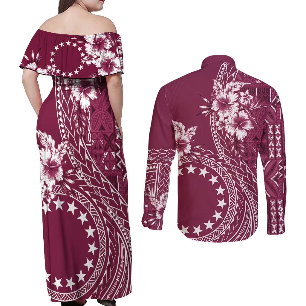 Kia Orana Cook Islands Couples Matching Off Shoulder Maxi Dress and Long Sleeve Button Shirt Tiare and Stars - Maroon