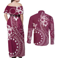 Kia Orana Cook Islands Couples Matching Off Shoulder Maxi Dress and Long Sleeve Button Shirt Tiare and Stars - Maroon