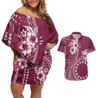 Kia Orana Cook Islands Couples Matching Off Shoulder Short Dress and Hawaiian Shirt Tiare and Stars - Maroon