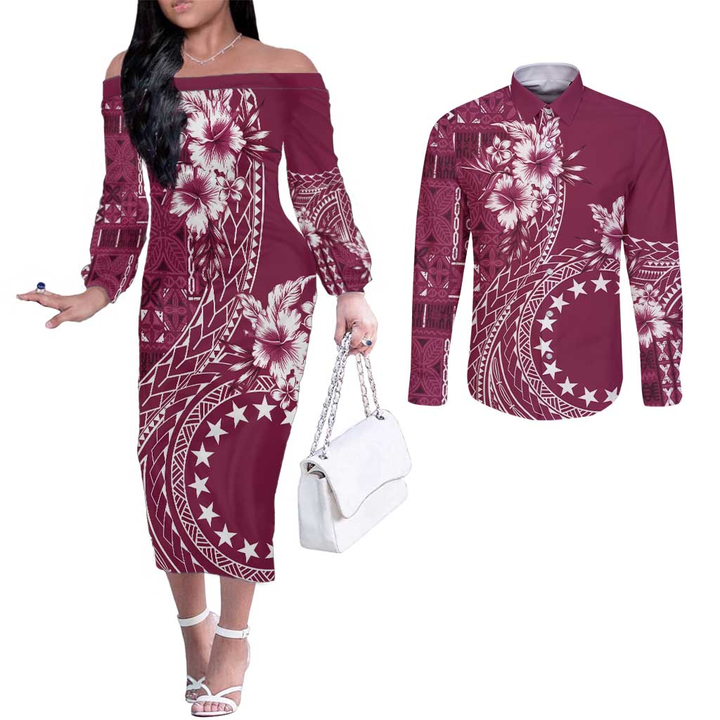 Kia Orana Cook Islands Couples Matching Off The Shoulder Long Sleeve Dress and Long Sleeve Button Shirt Tiare and Stars - Maroon