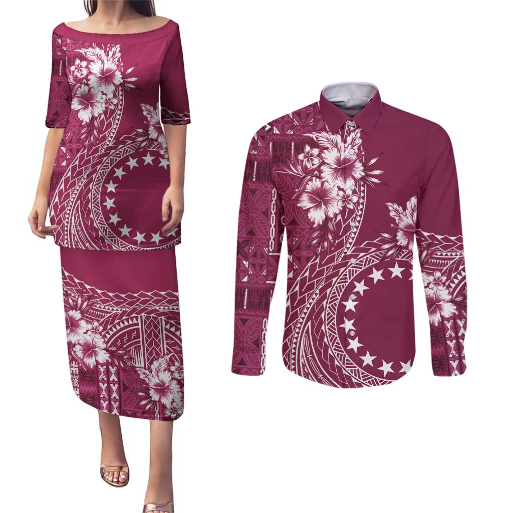 Kia Orana Cook Islands Couples Matching Puletasi and Long Sleeve Button Shirt Tiare and Stars - Maroon