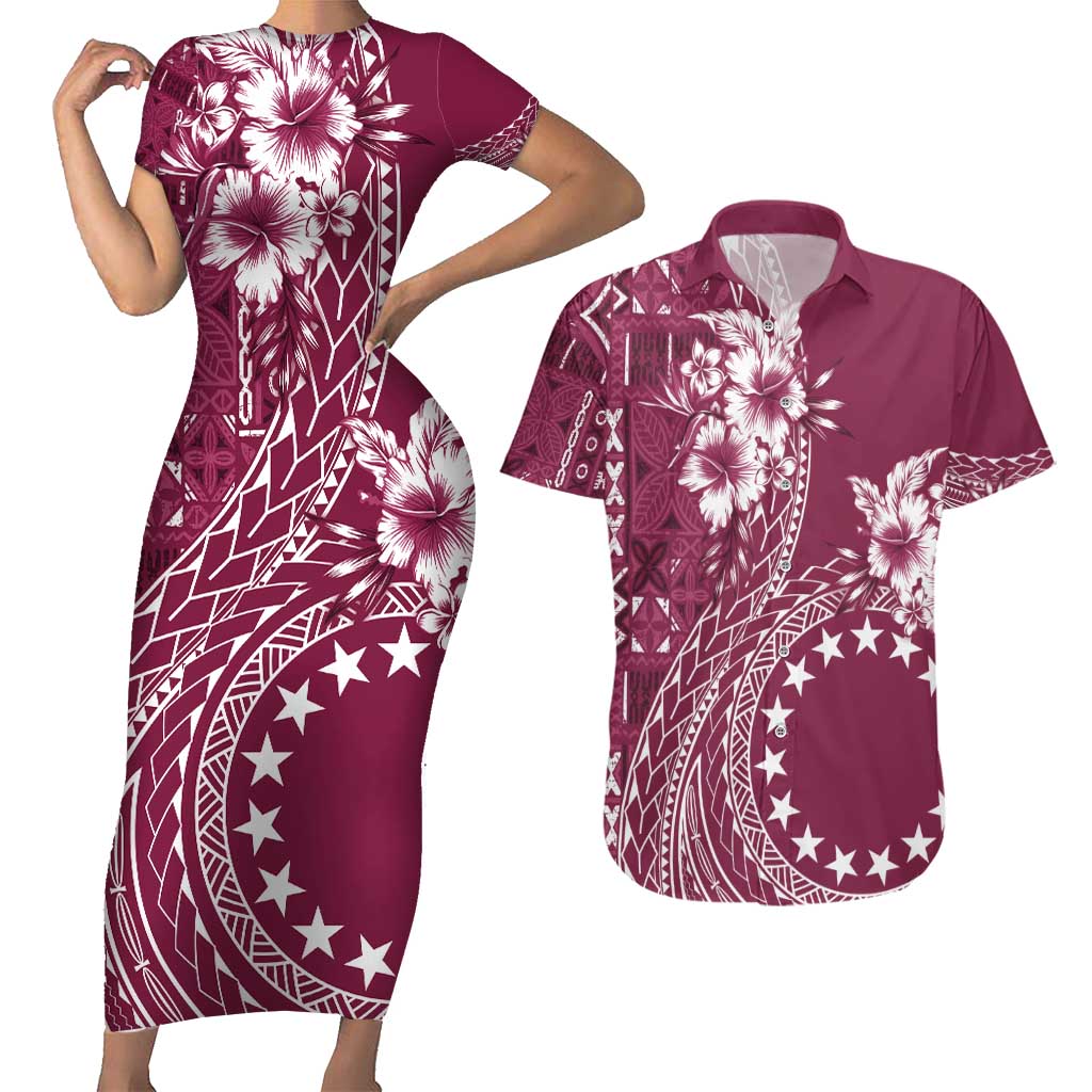 Kia Orana Cook Islands Couples Matching Short Sleeve Bodycon Dress and Hawaiian Shirt Tiare and Stars - Maroon