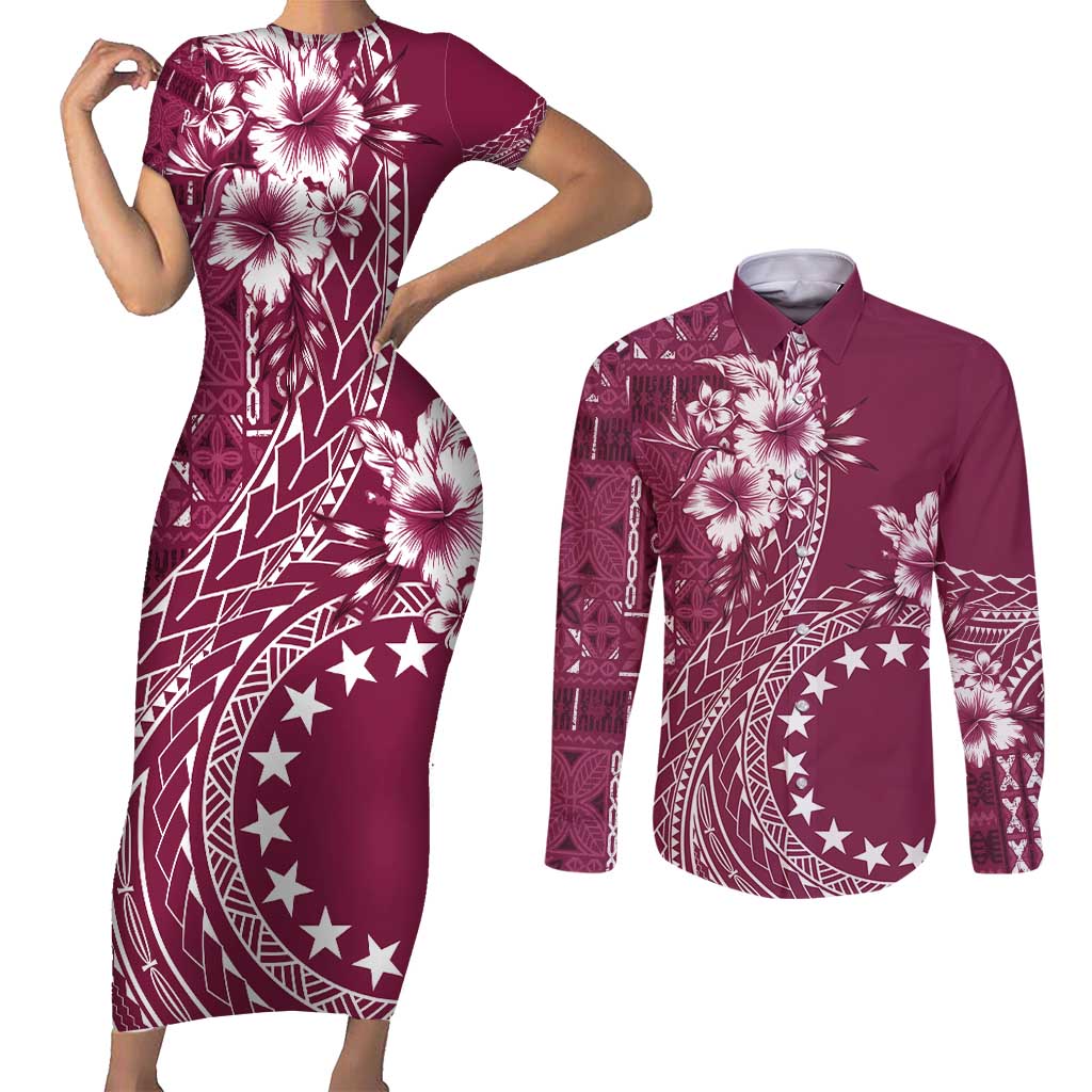 Kia Orana Cook Islands Couples Matching Short Sleeve Bodycon Dress and Long Sleeve Button Shirt Tiare and Stars - Maroon