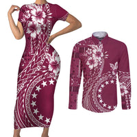 Kia Orana Cook Islands Couples Matching Short Sleeve Bodycon Dress and Long Sleeve Button Shirt Tiare and Stars - Maroon