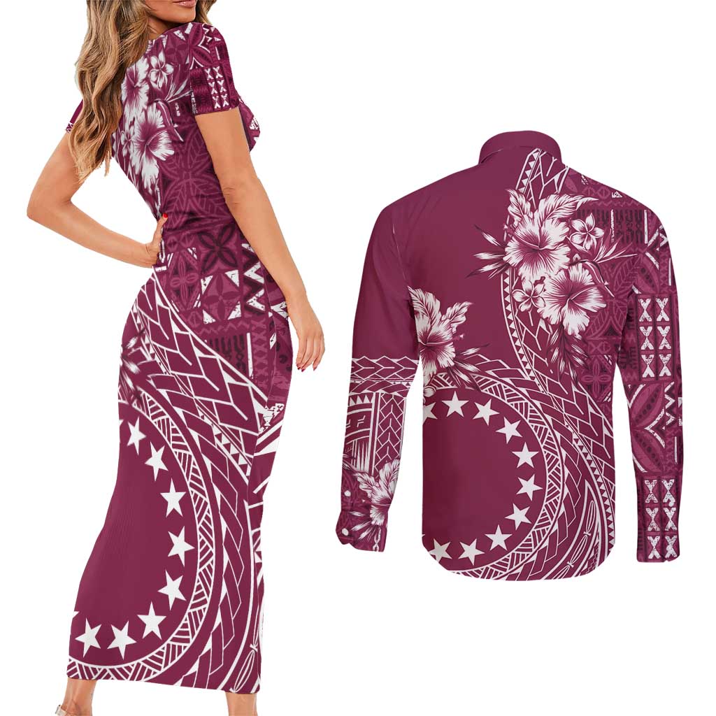 Kia Orana Cook Islands Couples Matching Short Sleeve Bodycon Dress and Long Sleeve Button Shirt Tiare and Stars - Maroon