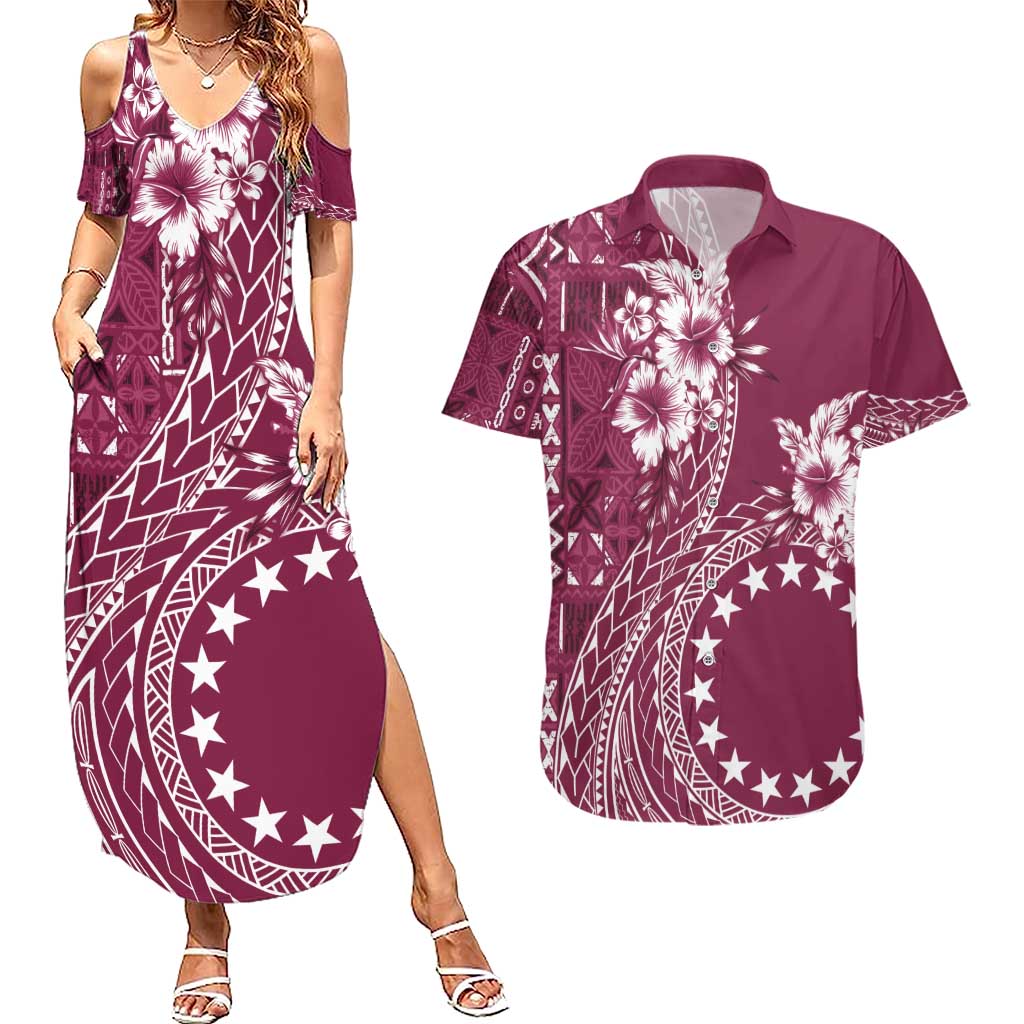 Kia Orana Cook Islands Couples Matching Summer Maxi Dress and Hawaiian Shirt Tiare and Stars - Maroon