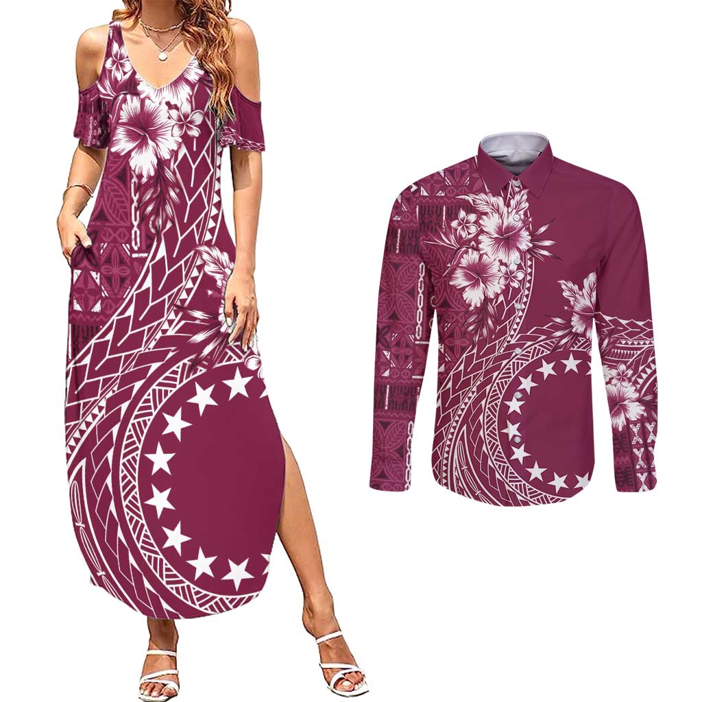 Kia Orana Cook Islands Couples Matching Summer Maxi Dress and Long Sleeve Button Shirt Tiare and Stars - Maroon