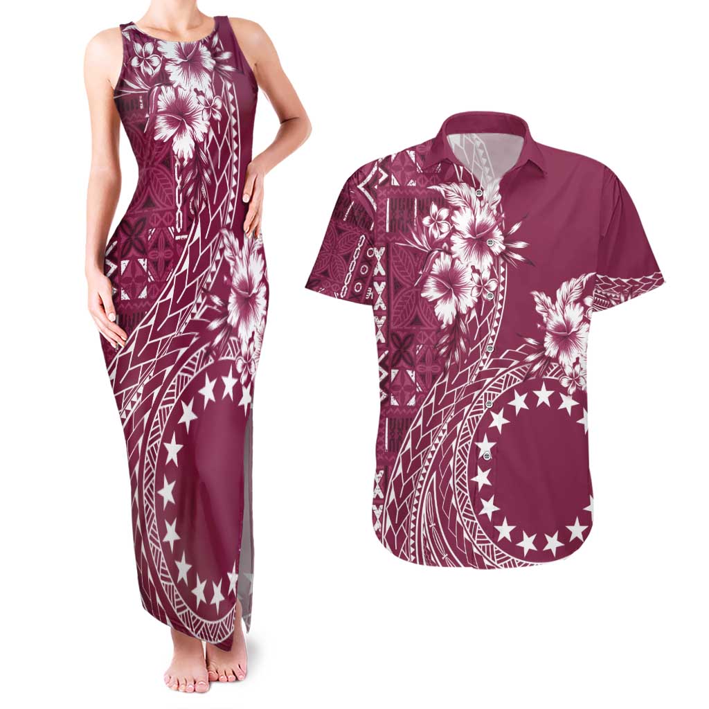 Kia Orana Cook Islands Couples Matching Tank Maxi Dress and Hawaiian Shirt Tiare and Stars - Maroon