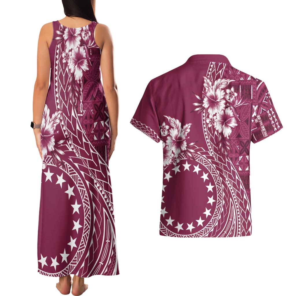 Kia Orana Cook Islands Couples Matching Tank Maxi Dress and Hawaiian Shirt Tiare and Stars - Maroon
