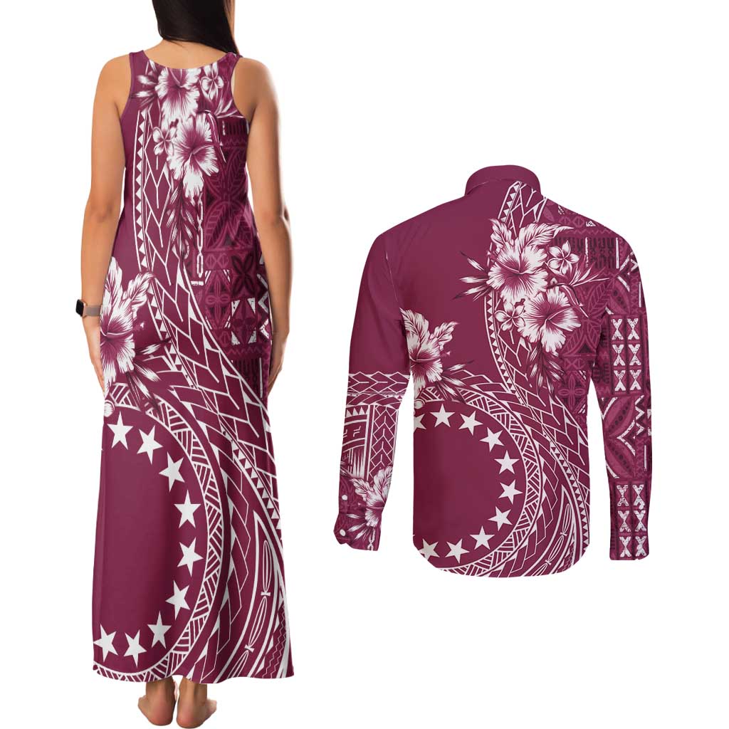 Kia Orana Cook Islands Couples Matching Tank Maxi Dress and Long Sleeve Button Shirt Tiare and Stars - Maroon