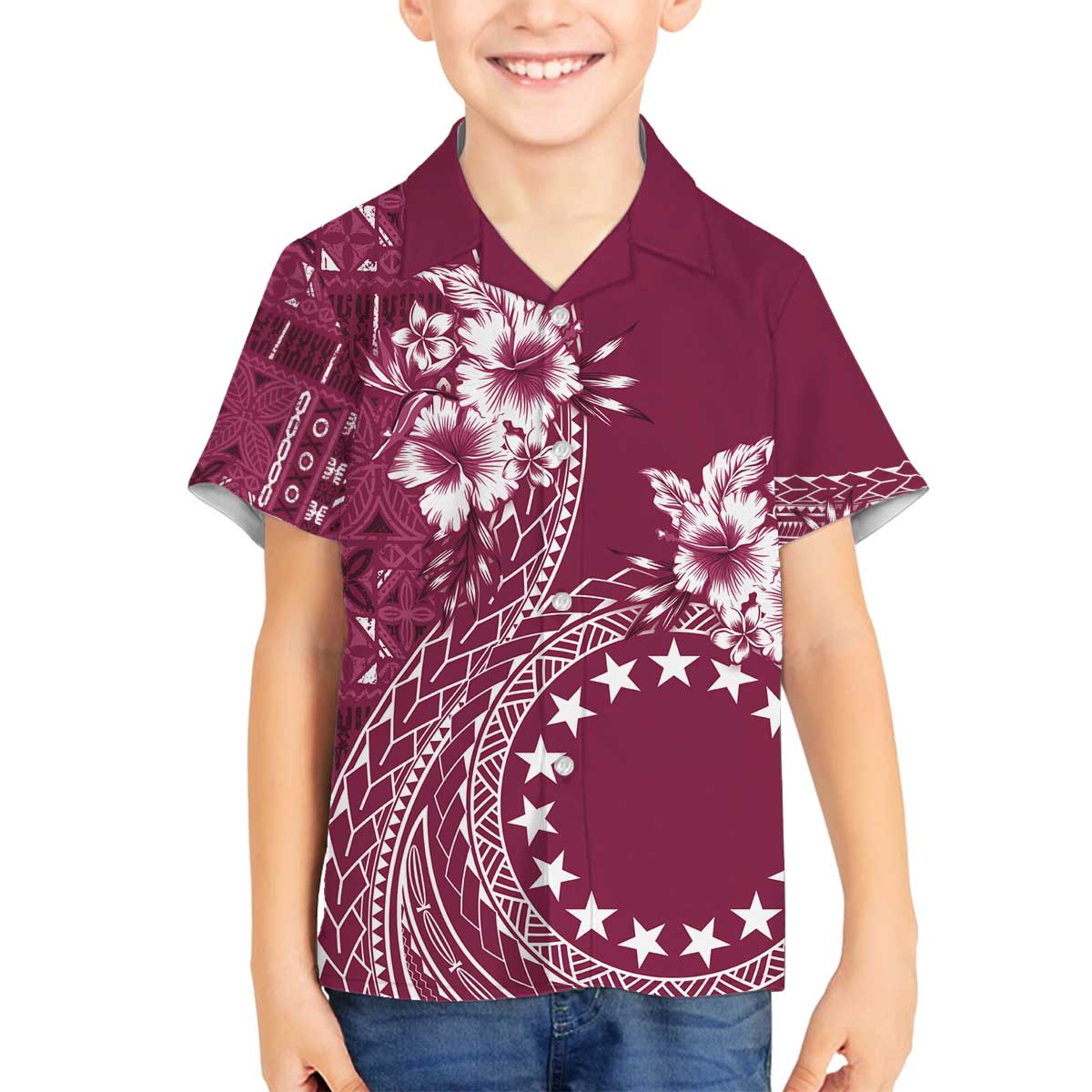 Kia Orana Cook Islands Family Matching Off Shoulder Short Dress and Hawaiian Shirt Tiare and Stars - Maroon
