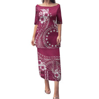 Kia Orana Cook Islands Family Matching Puletasi and Hawaiian Shirt Tiare and Stars - Maroon LT7 Mom's Dress Maroon - Polynesian Pride