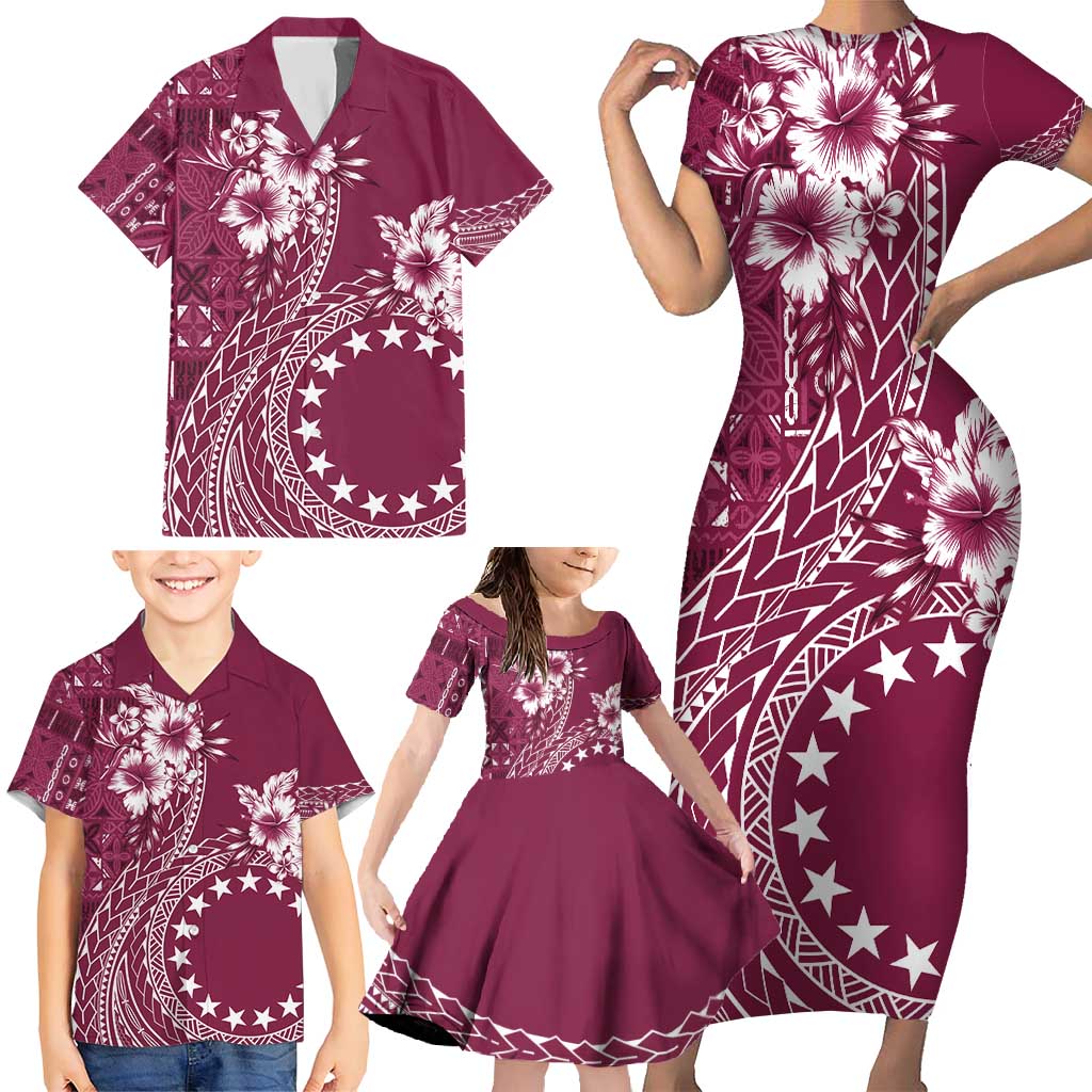 Kia Orana Cook Islands Family Matching Short Sleeve Bodycon Dress and Hawaiian Shirt Tiare and Stars - Maroon