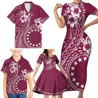 Kia Orana Cook Islands Family Matching Short Sleeve Bodycon Dress and Hawaiian Shirt Tiare and Stars - Maroon
