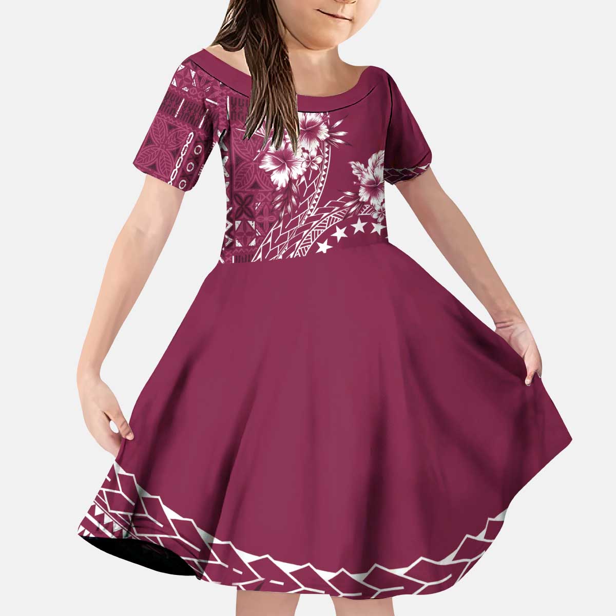 Kia Orana Cook Islands Kid Short Sleeve Dress Tiare and Stars - Maroon