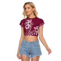 Kia Orana Cook Islands Raglan Cropped T Shirt Tiare and Stars - Maroon