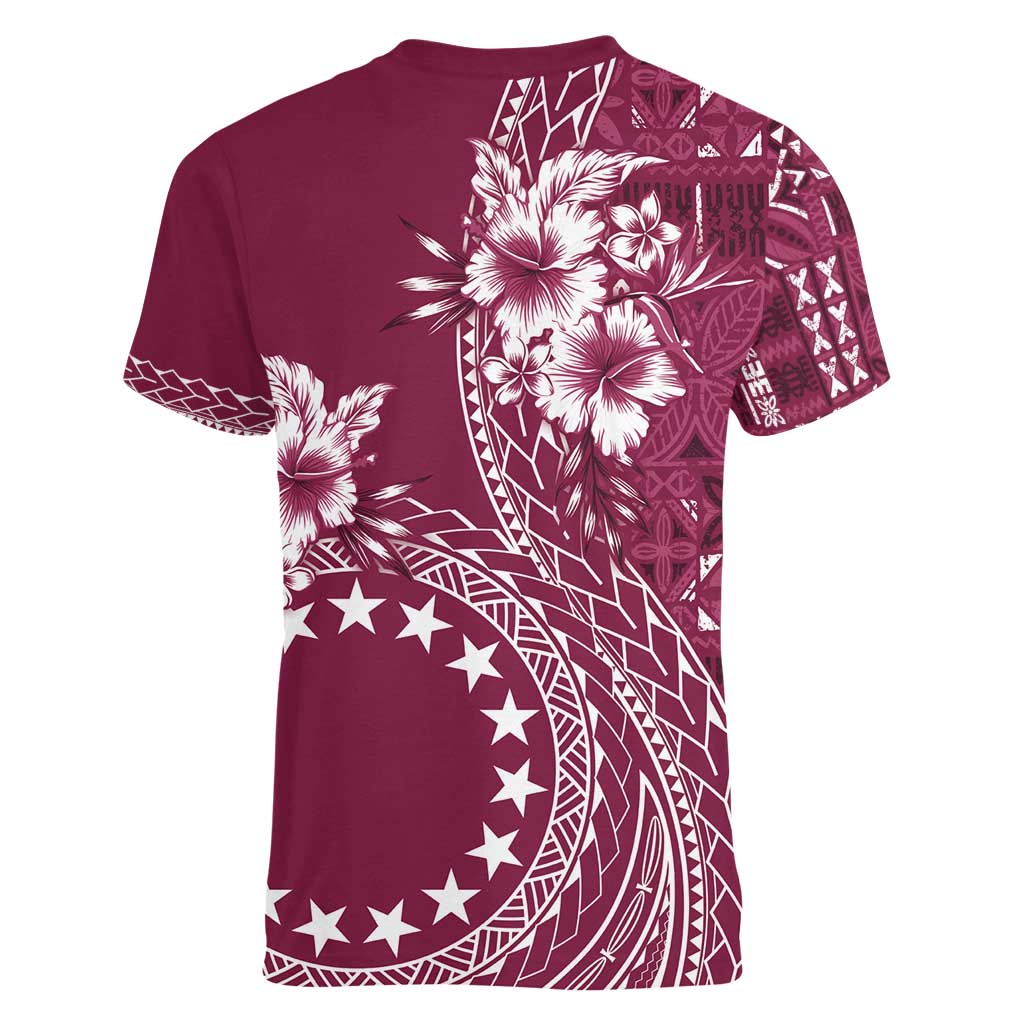 Kia Orana Cook Islands Women V-Neck T-Shirt Tiare and Stars - Maroon