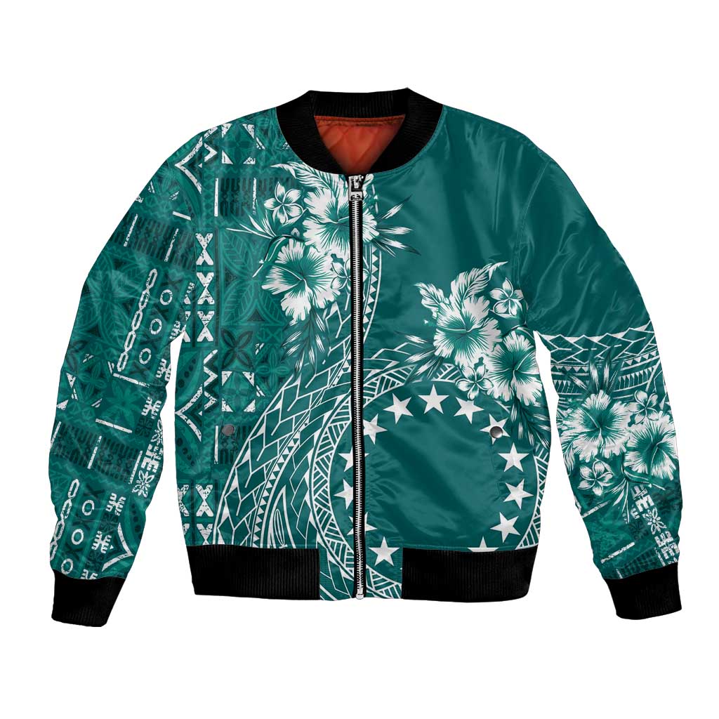 Kia Orana Cook Islands Bomber Jacket Tiare and Stars - Teal