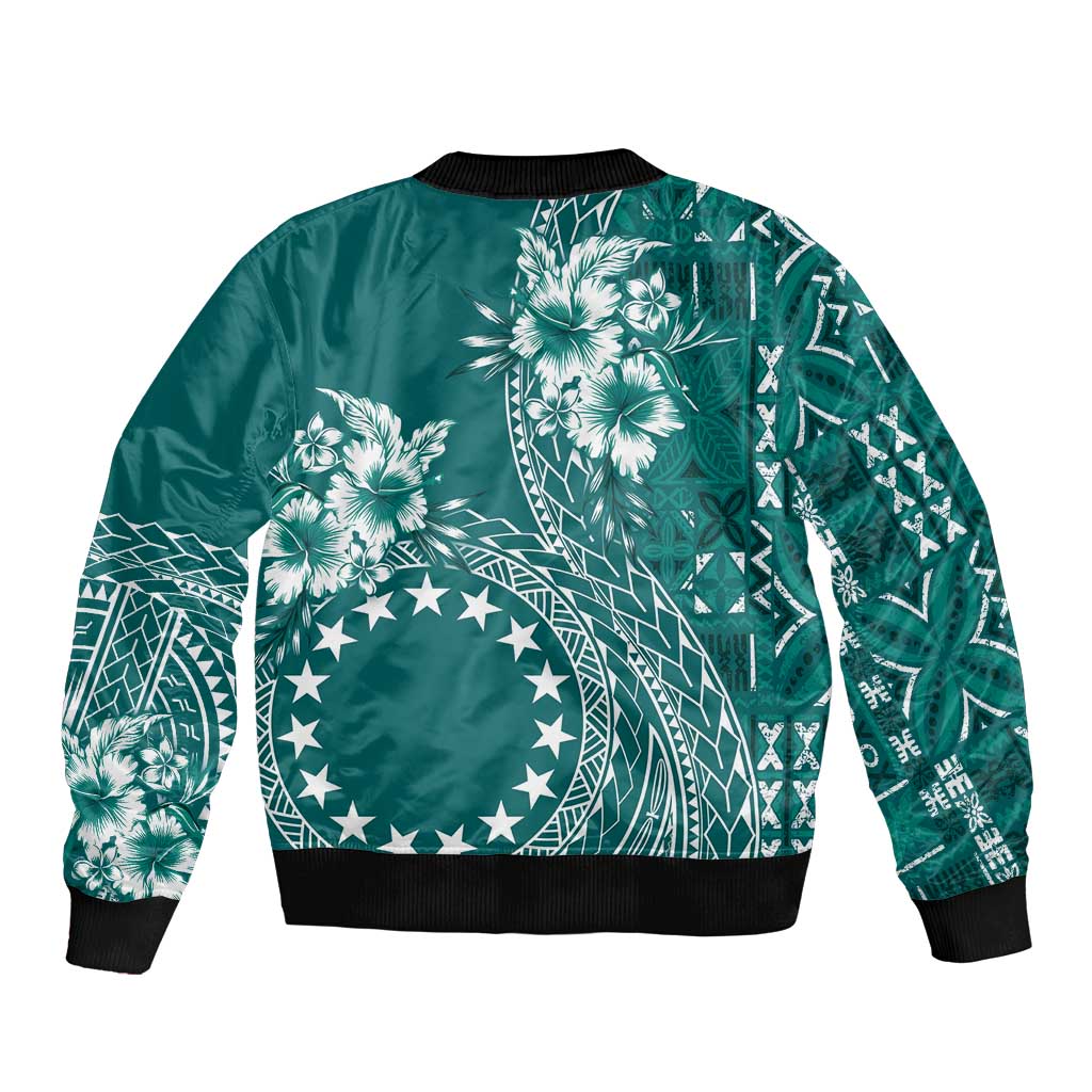 Kia Orana Cook Islands Bomber Jacket Tiare and Stars - Teal