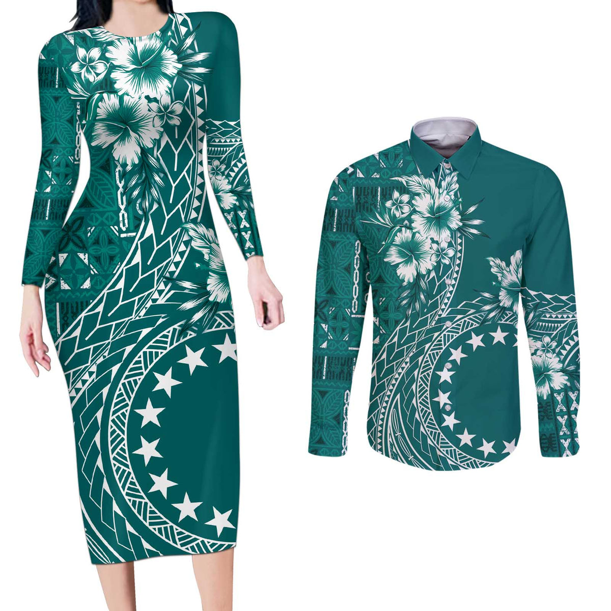 Kia Orana Cook Islands Couples Matching Long Sleeve Bodycon Dress and Long Sleeve Button Shirt Tiare and Stars - Teal