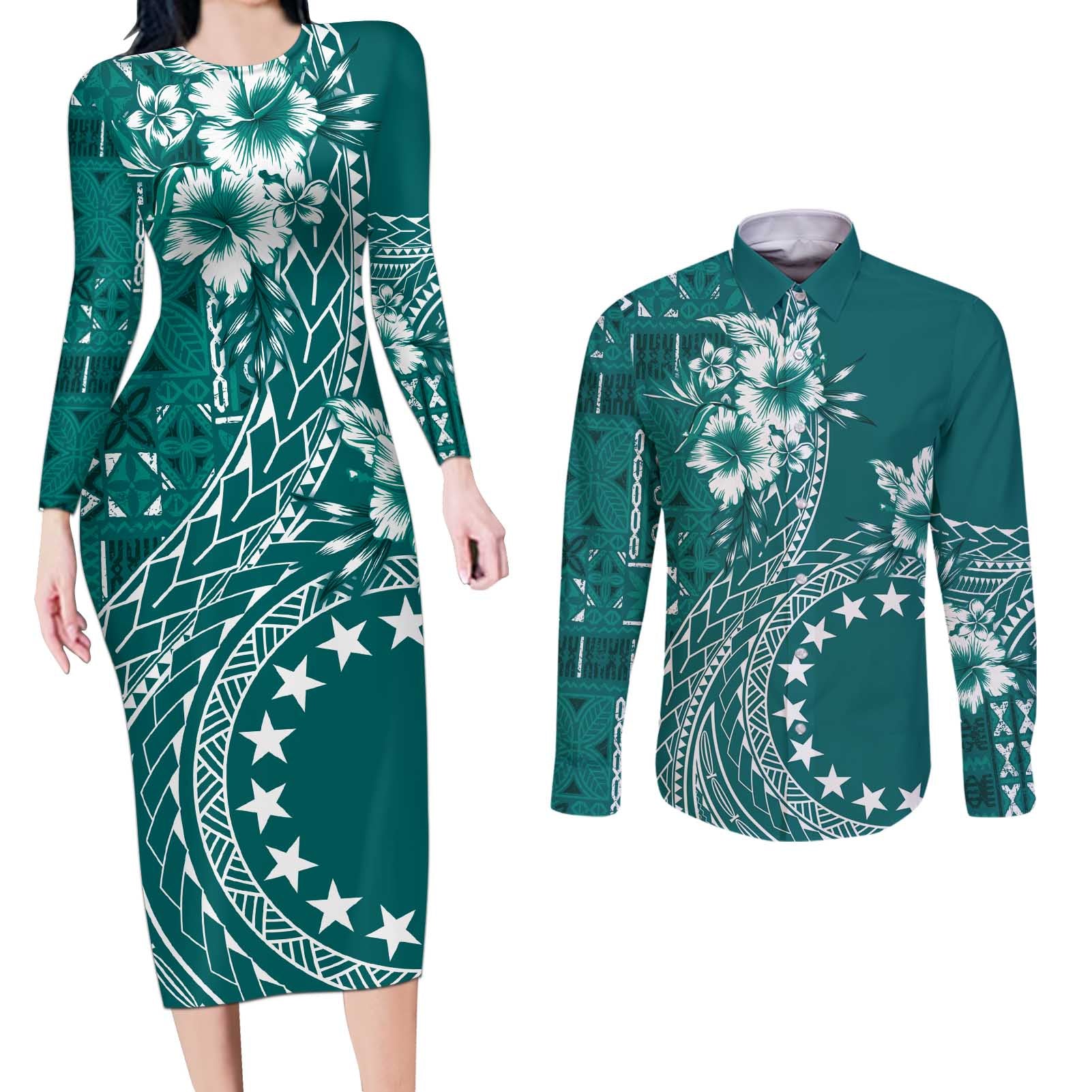 Kia Orana Cook Islands Couples Matching Long Sleeve Bodycon Dress and Long Sleeve Button Shirt Tiare and Stars - Teal