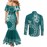 Kia Orana Cook Islands Couples Matching Mermaid Dress and Long Sleeve Button Shirt Tiare and Stars - Teal