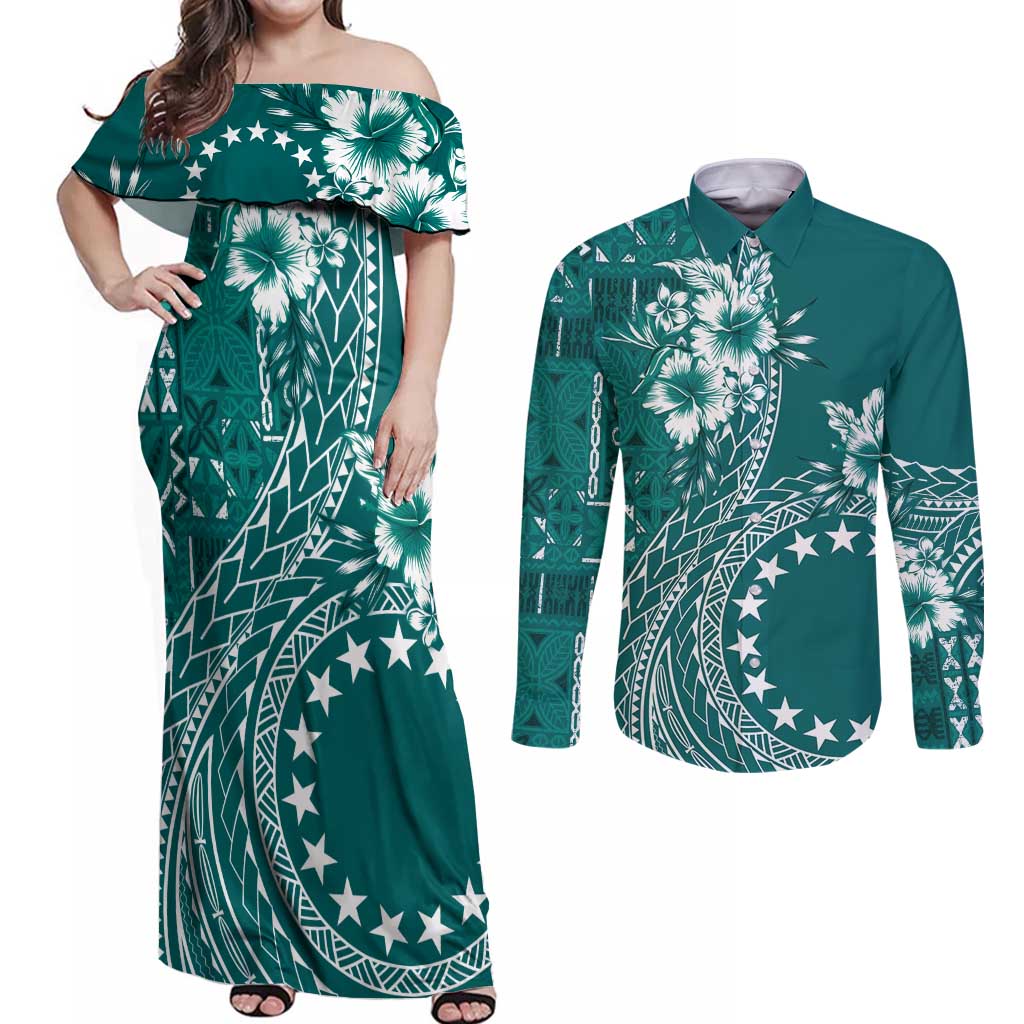 Kia Orana Cook Islands Couples Matching Off Shoulder Maxi Dress and Long Sleeve Button Shirt Tiare and Stars - Teal