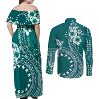 Kia Orana Cook Islands Couples Matching Off Shoulder Maxi Dress and Long Sleeve Button Shirt Tiare and Stars - Teal