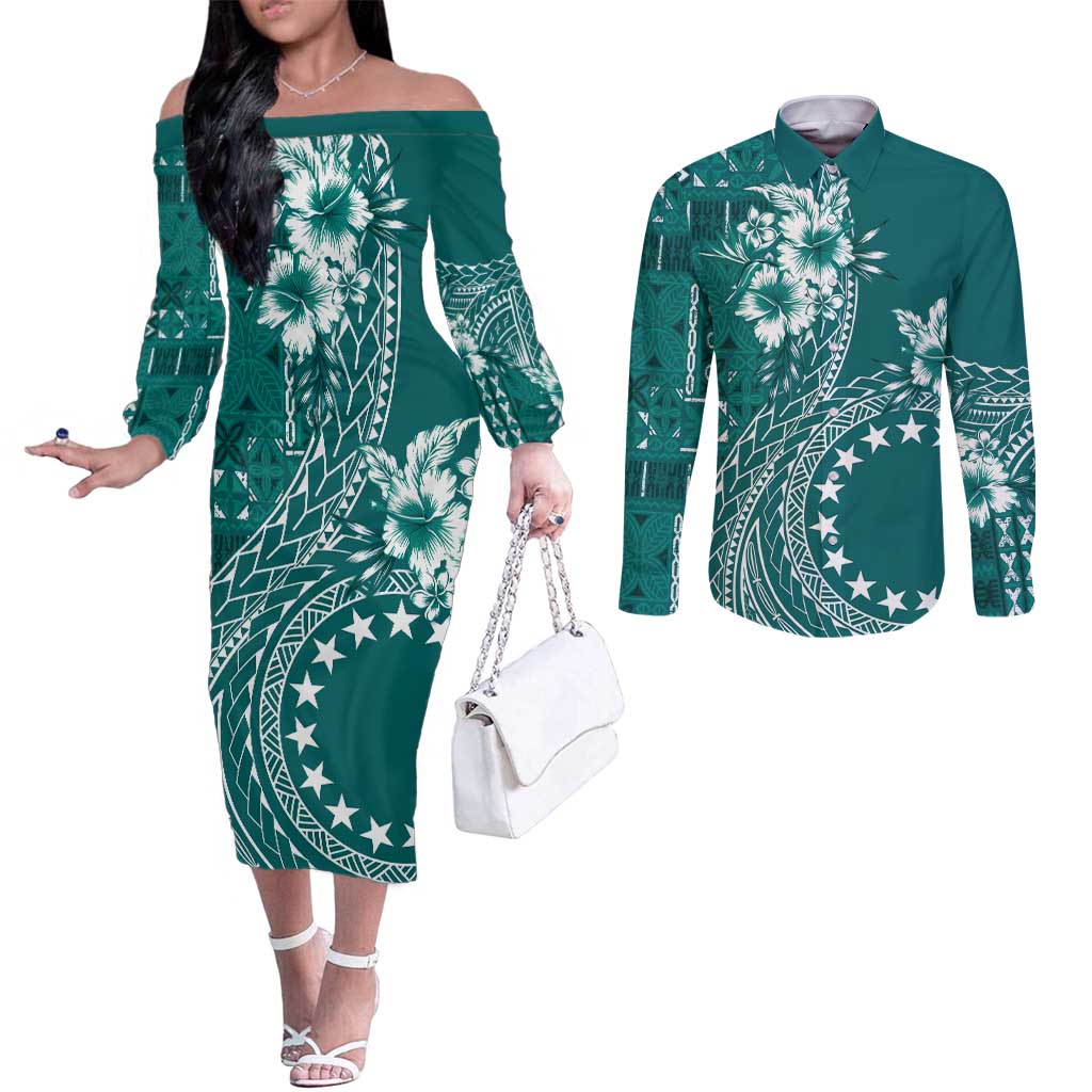 Kia Orana Cook Islands Couples Matching Off The Shoulder Long Sleeve Dress and Long Sleeve Button Shirt Tiare and Stars - Teal