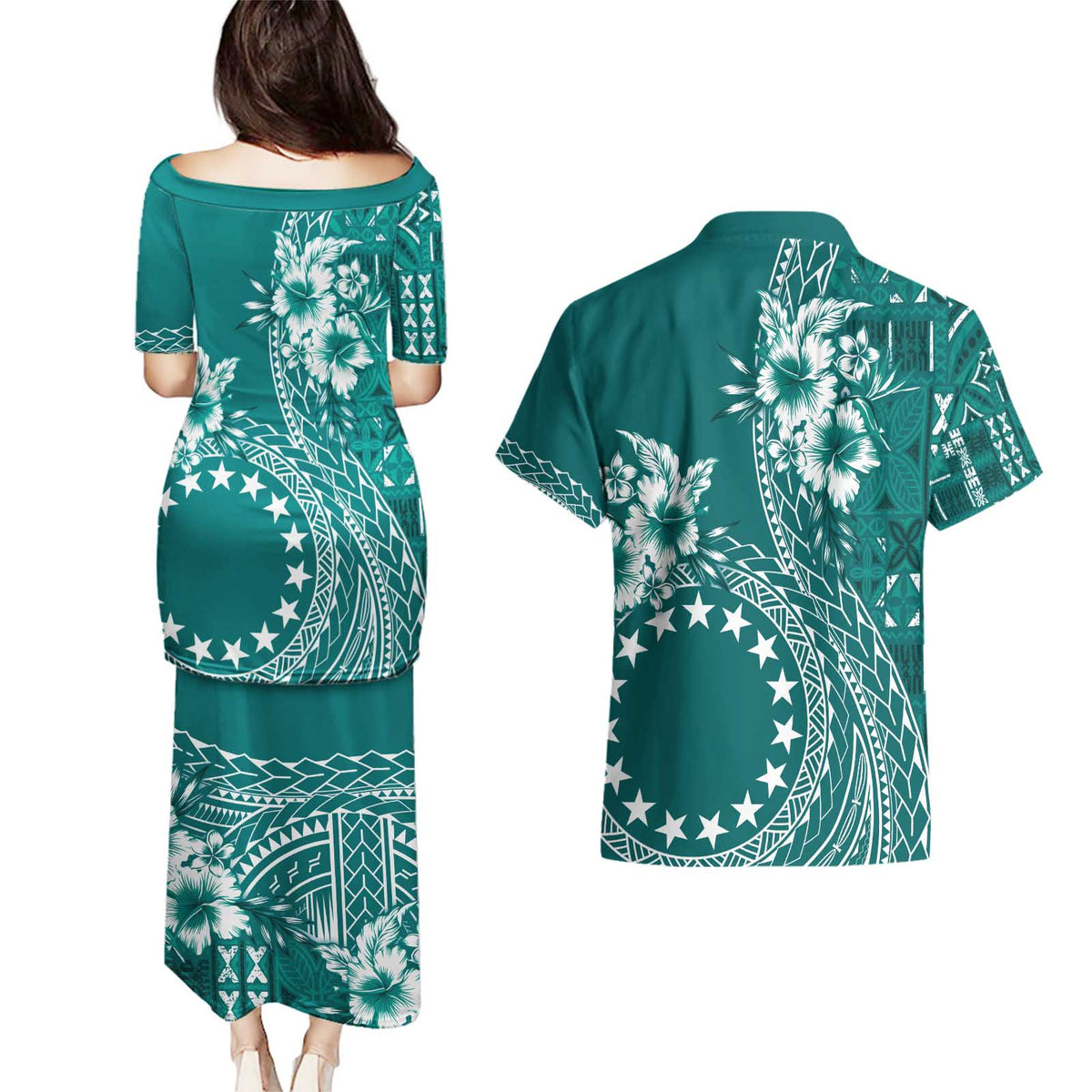 Kia Orana Cook Islands Couples Matching Puletasi and Hawaiian Shirt Tiare and Stars - Teal