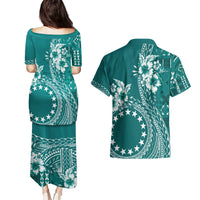 Kia Orana Cook Islands Couples Matching Puletasi and Hawaiian Shirt Tiare and Stars - Teal