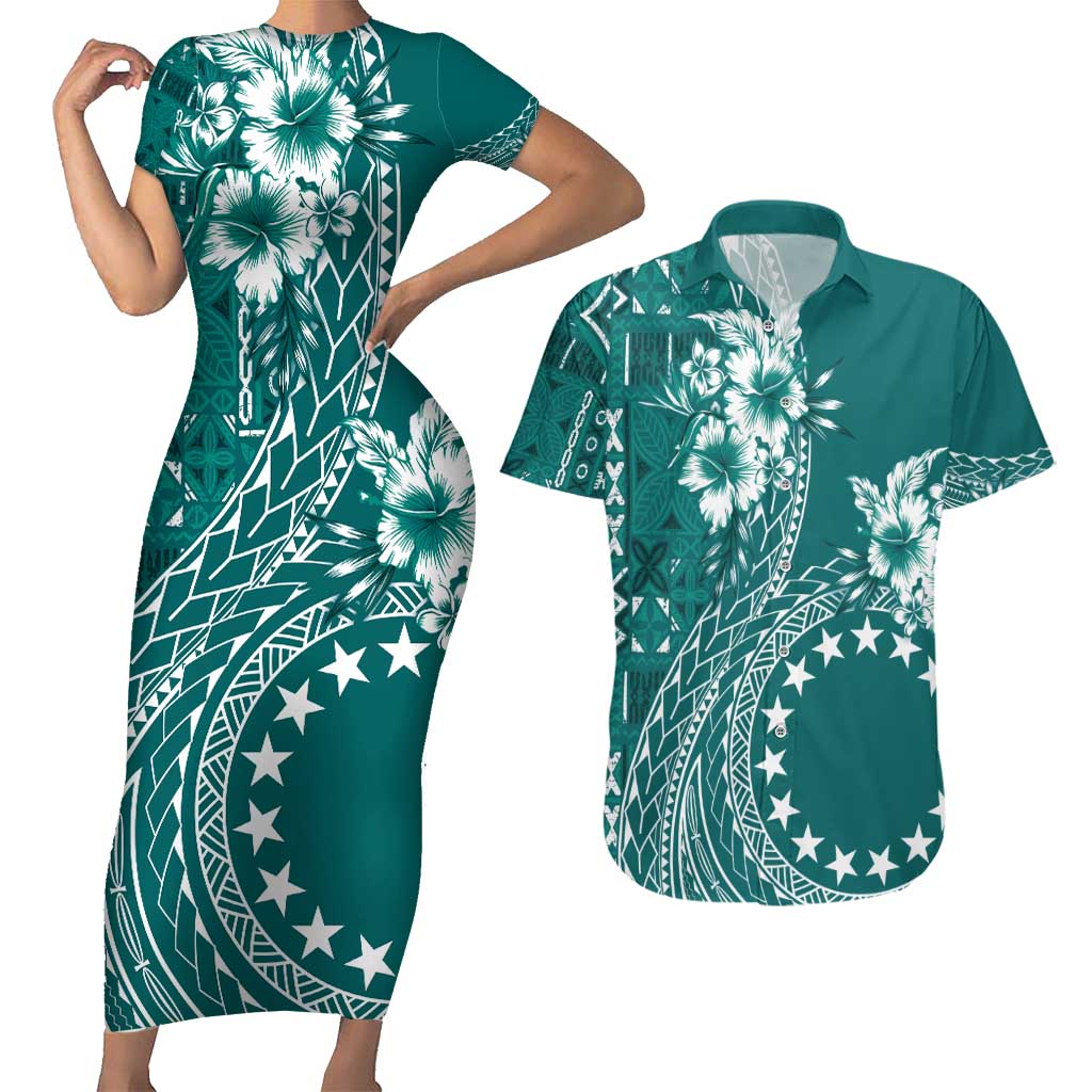 Kia Orana Cook Islands Couples Matching Short Sleeve Bodycon Dress and Hawaiian Shirt Tiare and Stars - Teal