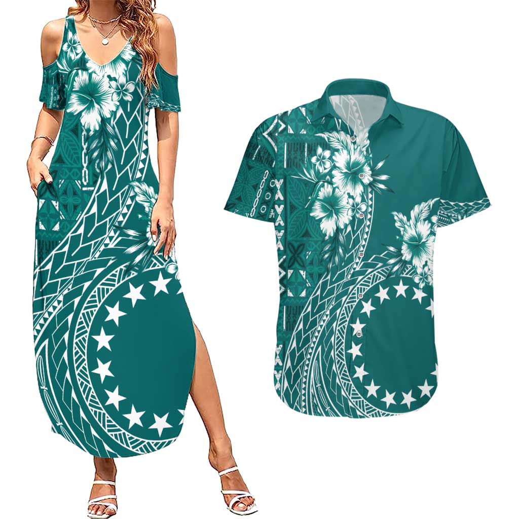 Kia Orana Cook Islands Couples Matching Summer Maxi Dress and Hawaiian Shirt Tiare and Stars - Teal