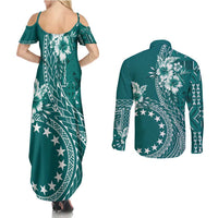 Kia Orana Cook Islands Couples Matching Summer Maxi Dress and Long Sleeve Button Shirt Tiare and Stars - Teal